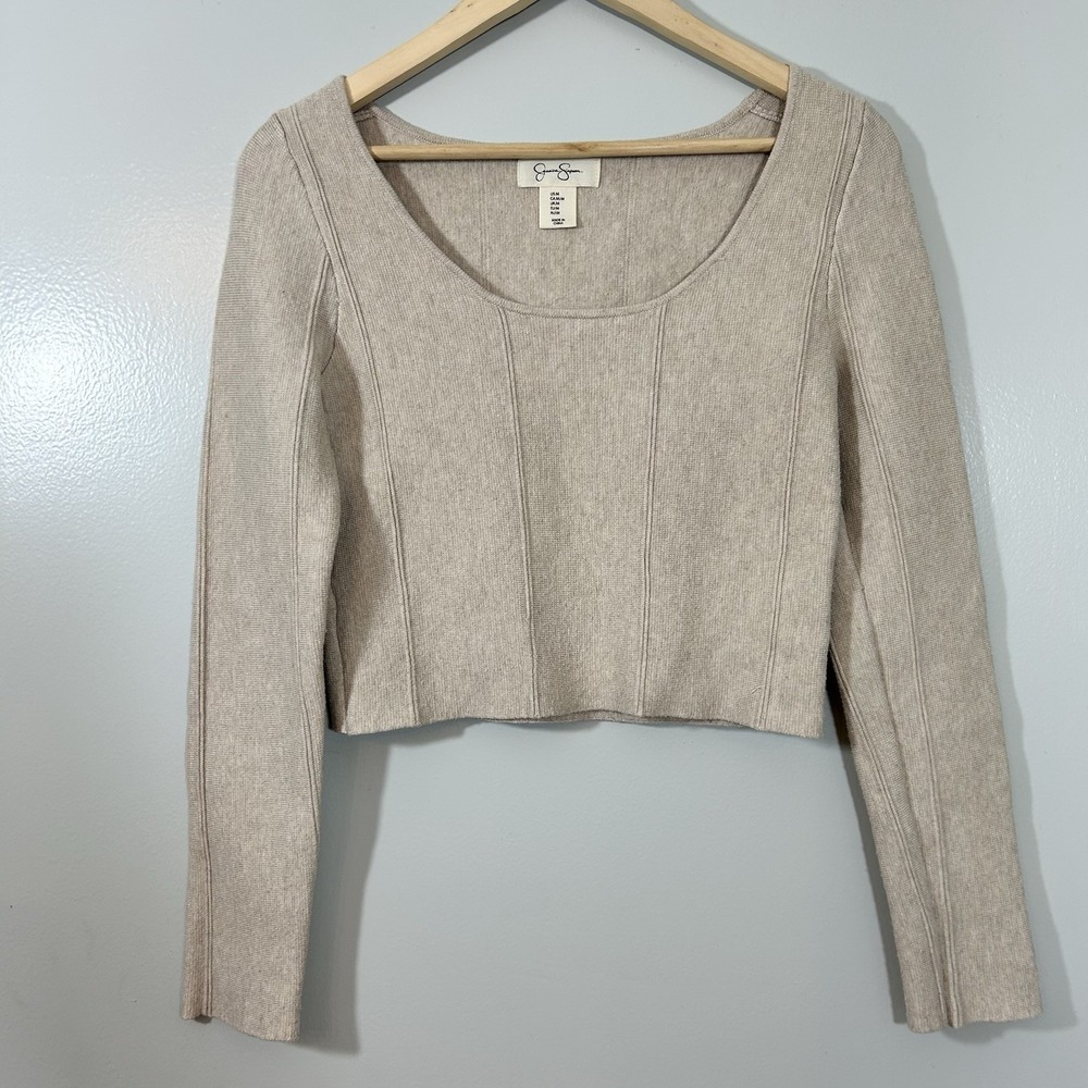 Jessica Simpson Flannel Feel Knit Crop Top Women's Medium Beige